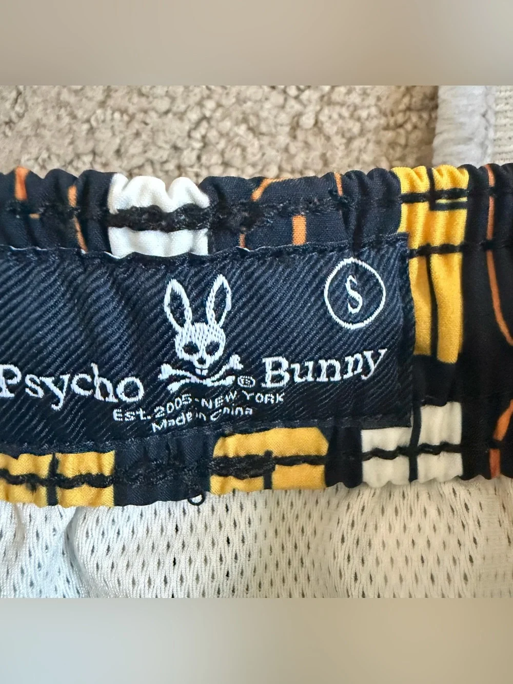 Psycho Bunny Men’s Swim Trunks Lined Shorts Sz S Spellout 5” Inseam Blue Yellow